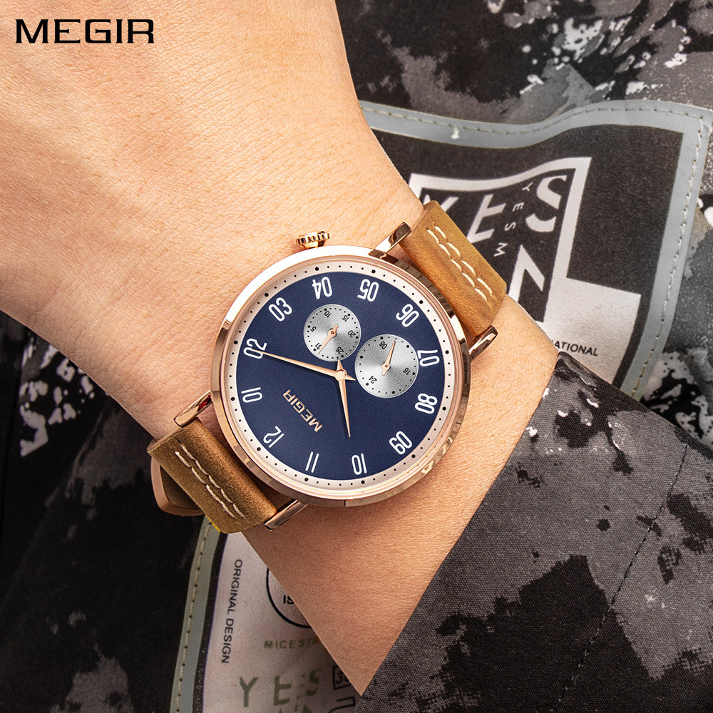 MEGIR Fashion Casual Men Watches Luxury Leather Quartz Sport Wristwatch Waterproof Luminous Clock Large Dial Relogio Masculino 1083-0