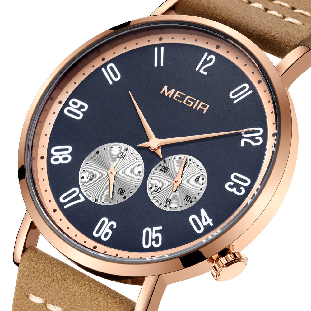 MEGIR Fashion Casual Men Watches Luxury Leather Quartz Sport Wristwatch Waterproof Luminous Clock Large Dial Relogio Masculino 1083-9