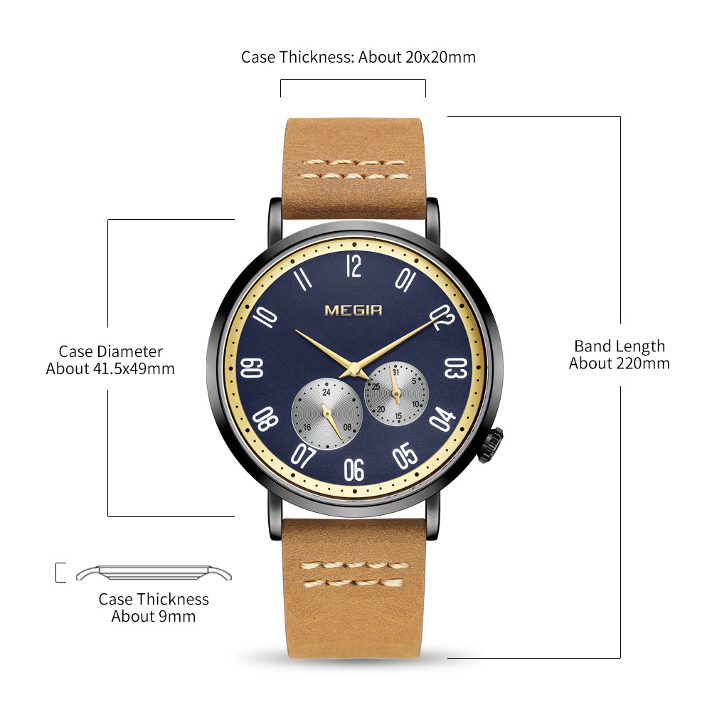 MEGIR Fashion Casual Men Watches Luxury Leather Quartz Sport Wristwatch Waterproof Luminous Clock Large Dial Relogio Masculino 1083-8