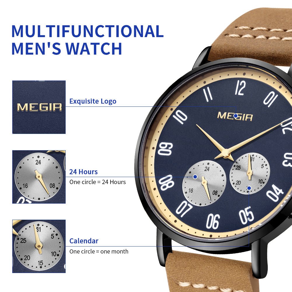 MEGIR Fashion Casual Men Watches Luxury Leather Quartz Sport Wristwatch Waterproof Luminous Clock Large Dial Relogio Masculino 1083-6
