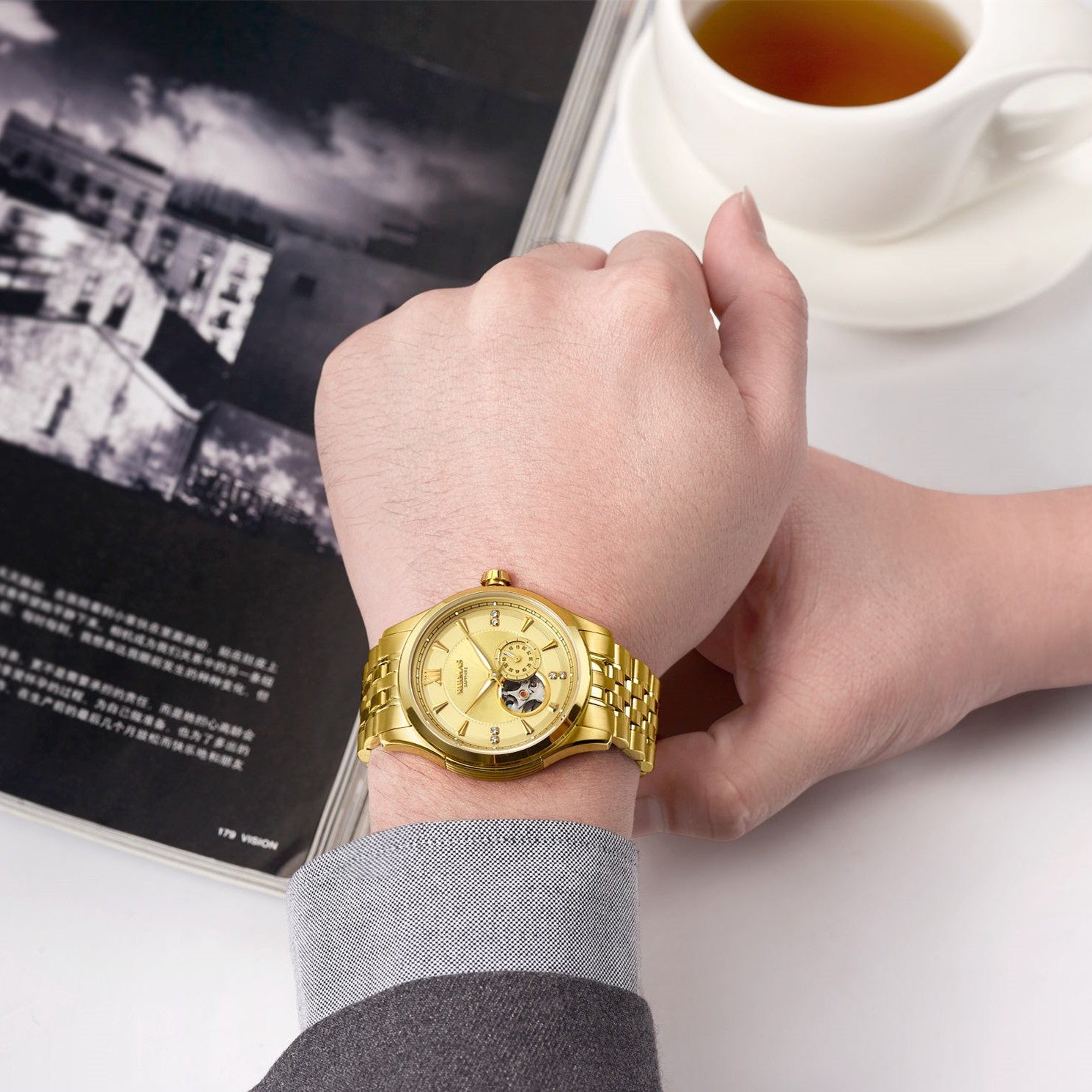 RUIMAS Luxury Men Mechanical Watches Sapphire Glass Stainless Steel Bracelet Business Casual WristWatch Clock Montre Homme 6736-2