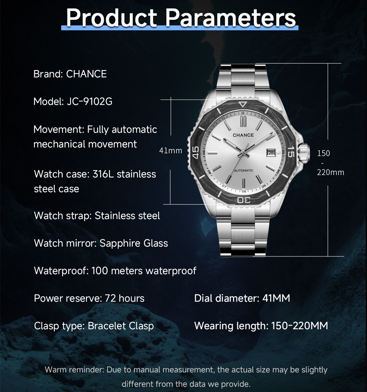 CHANCE Automatic Mechanical Watches Movement 10Bar Waterproof Stainless Steel Sapphire Glass Business Wristwatch Clock 9102