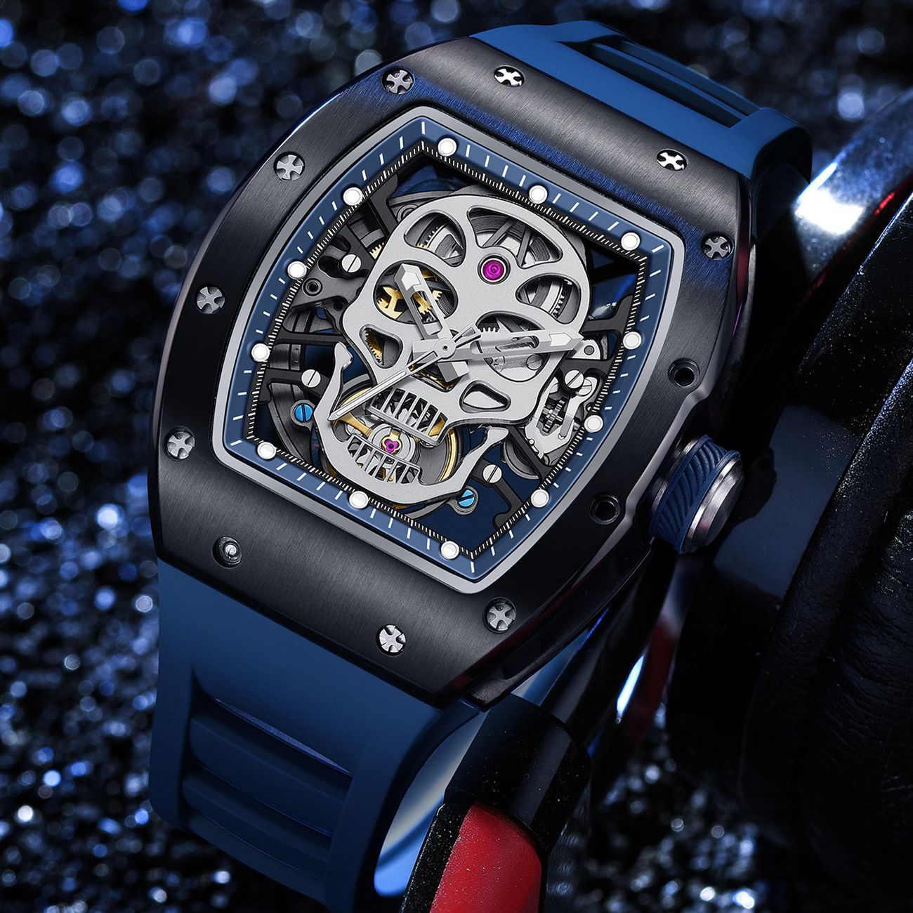 Men Watches Skull Hollow Dial Face Mechanical Watch Steel Case Waterproof Sport Wristwatch Automatic Movement Clock 9190-7