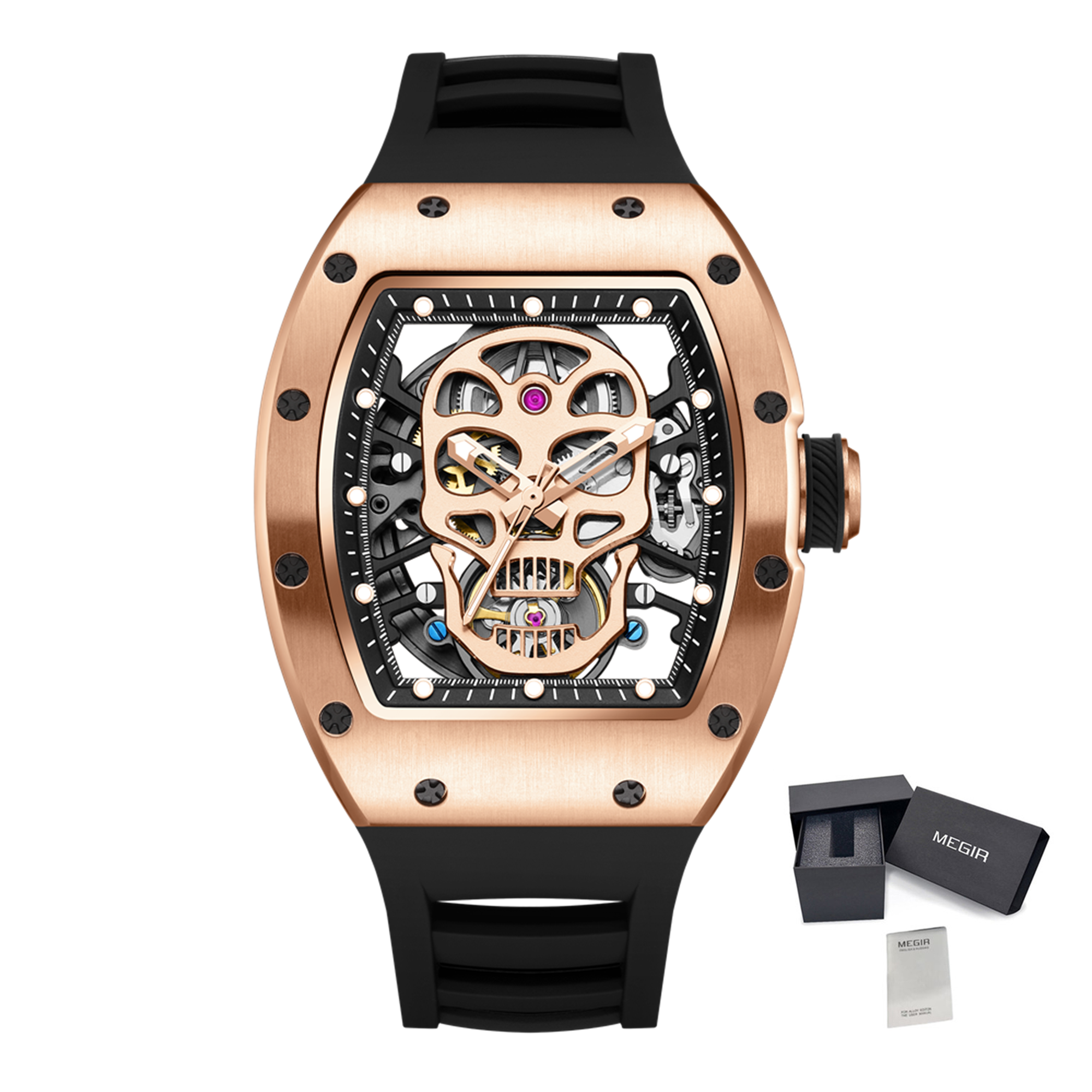 Men Watches Skull Hollow Dial Face Mechanical Watch Steel Case Waterproof Sport Wristwatch Automatic Movement Clock 9190-7