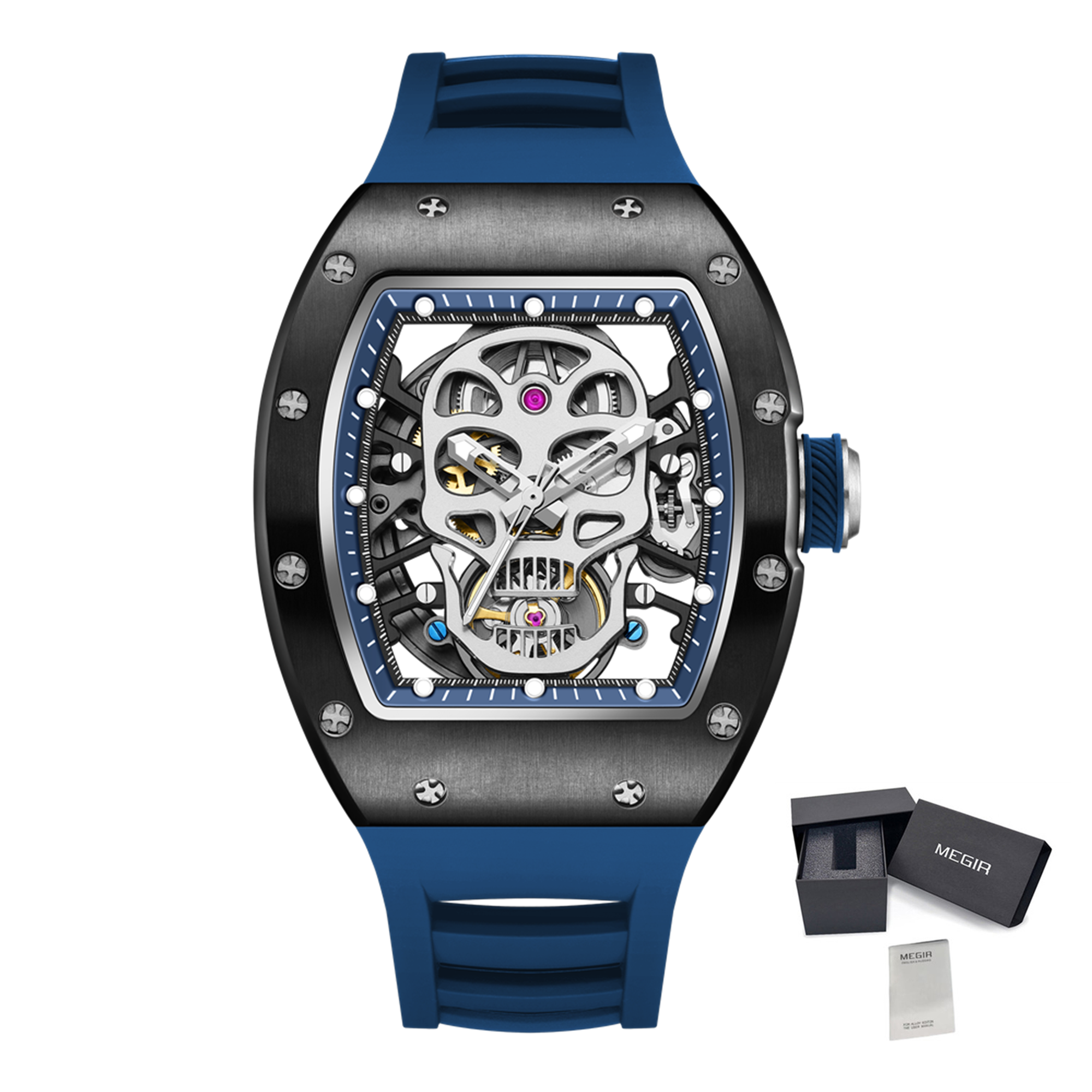 Men Watches Skull Hollow Dial Face Mechanical Watch Steel Case Waterproof Sport Wristwatch Automatic Movement Clock 9190-7