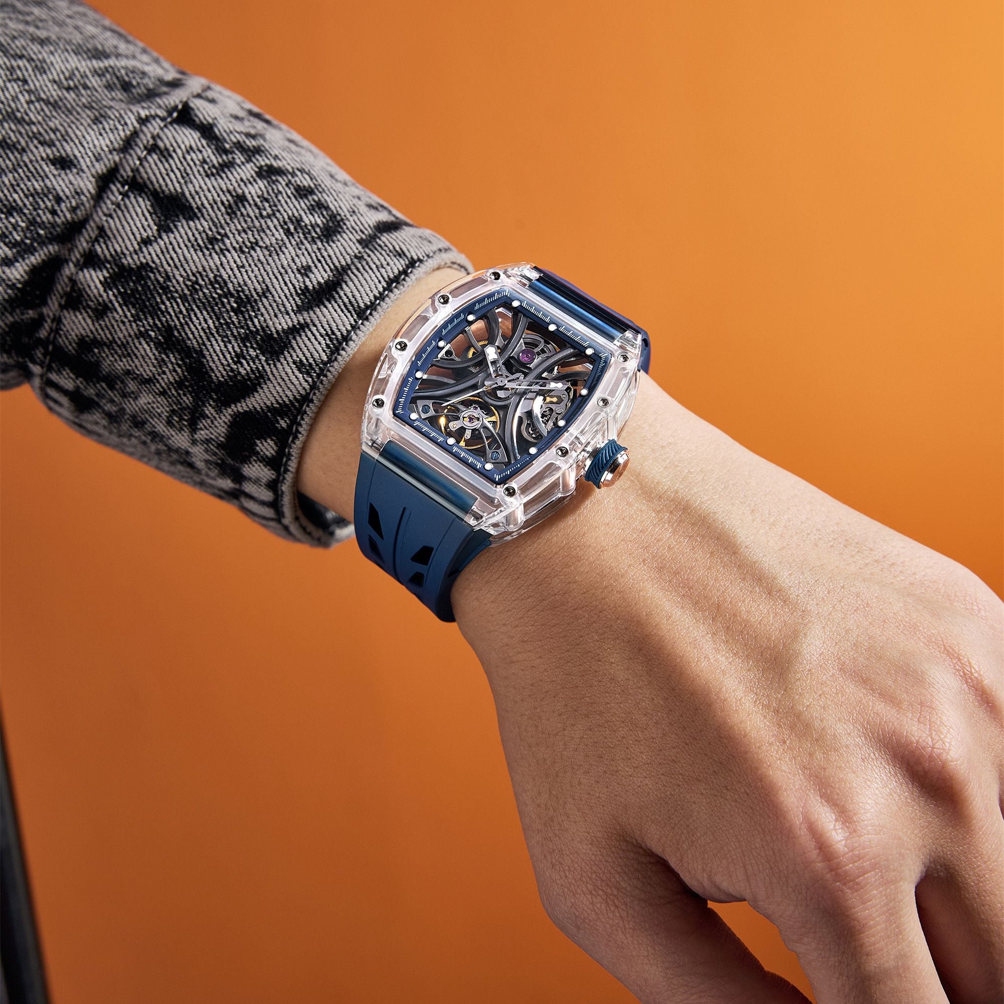 Automatic Sport Watch for Men Transparent 43MM Hollow Dial Mechanical Movment Wristwatch Waterproof Luminous Clock 9195-11