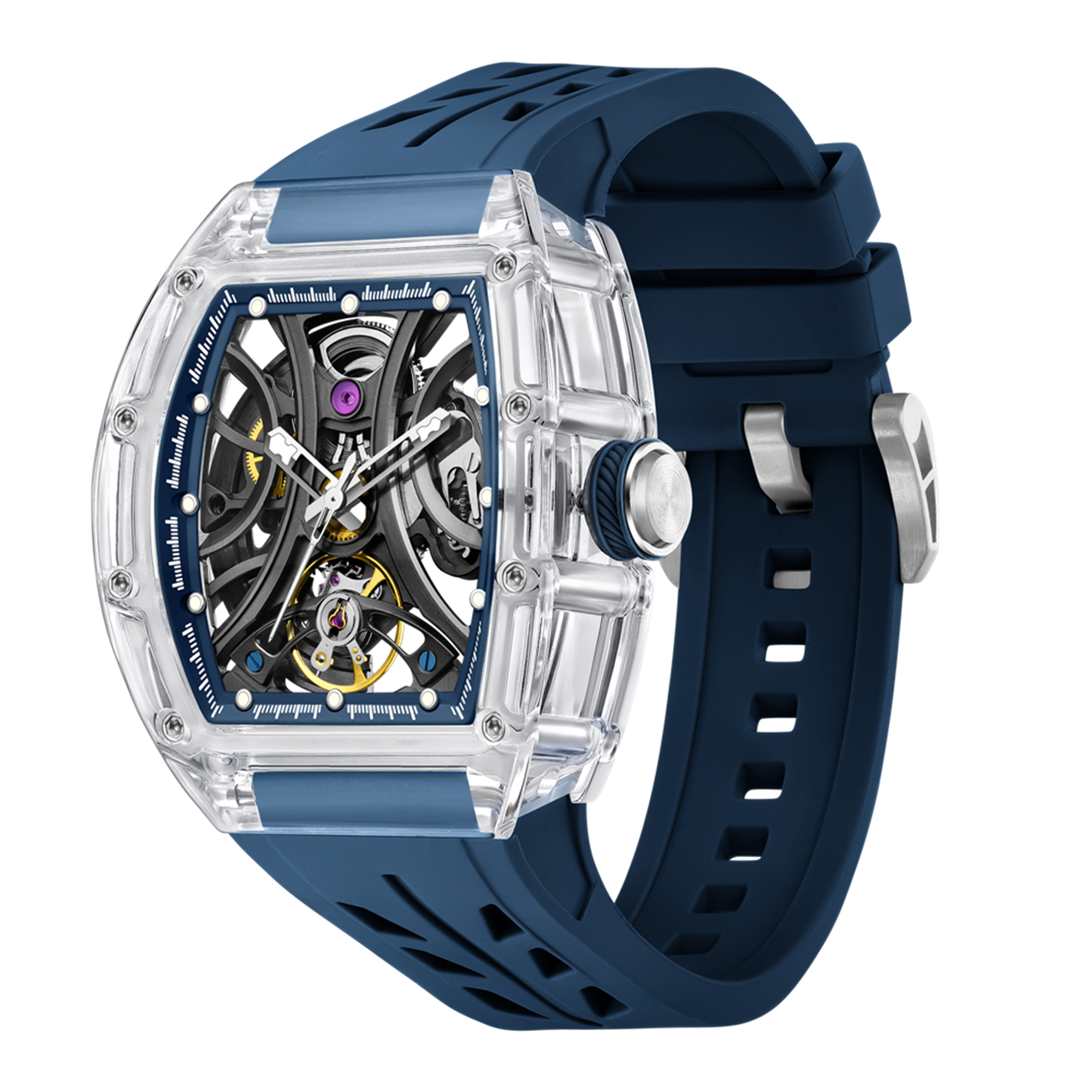 Automatic Sport Watch for Men Transparent 43MM Hollow Dial Mechanical Movment Wristwatch Waterproof Luminous Clock 9195-11