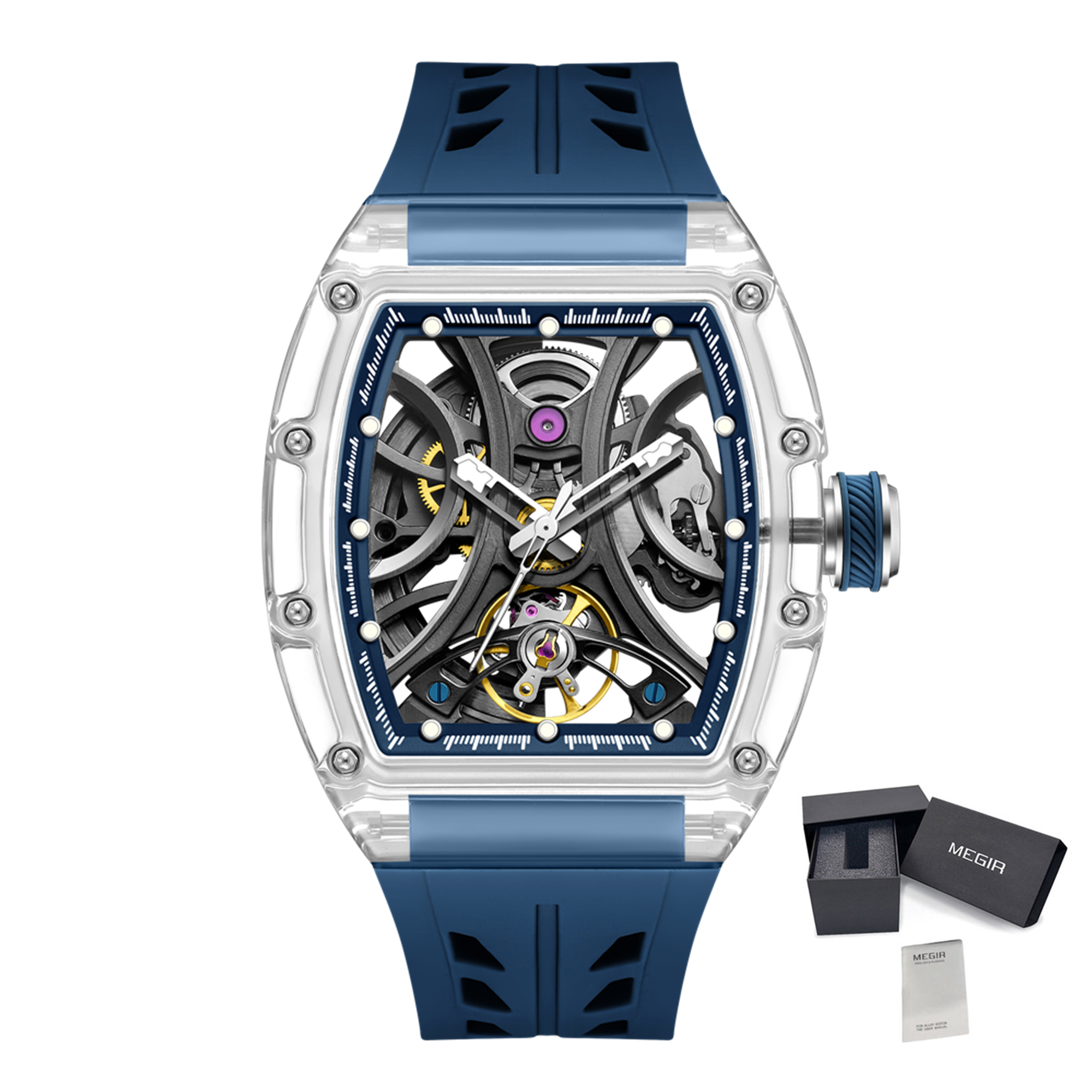 Automatic Sport Watch for Men Transparent 43MM Hollow Dial Mechanical Movment Wristwatch Waterproof Luminous Clock 9195-11